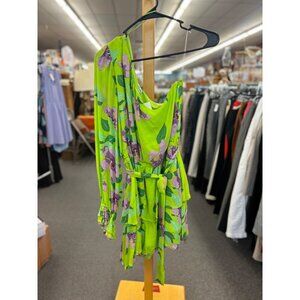 BTFL-Life Womens Green Floral One-Shoulder Dress With Belted Waist & Ruffle Hem